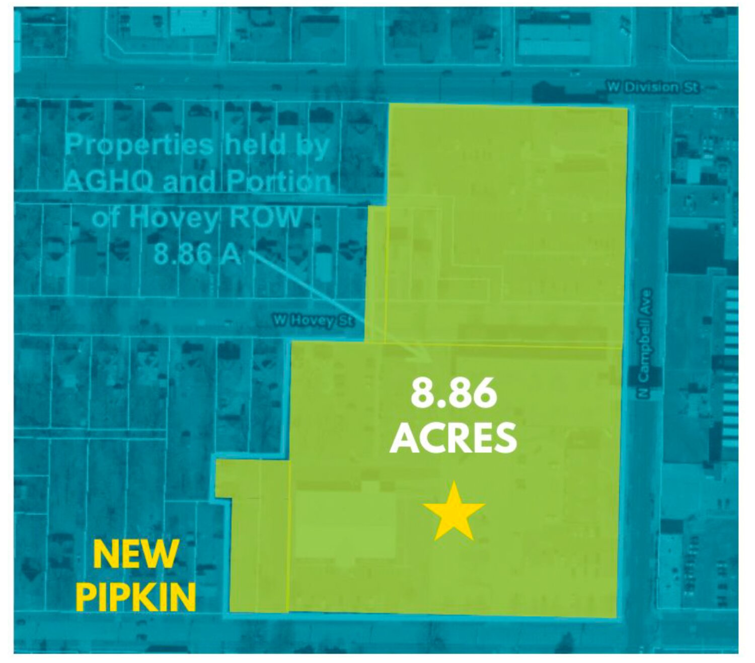 The property under contract for the new Pipkin Middle School is bounded to the east by North Campbell Avenue, with West Division Street on the north and West Lynn Street on the south.